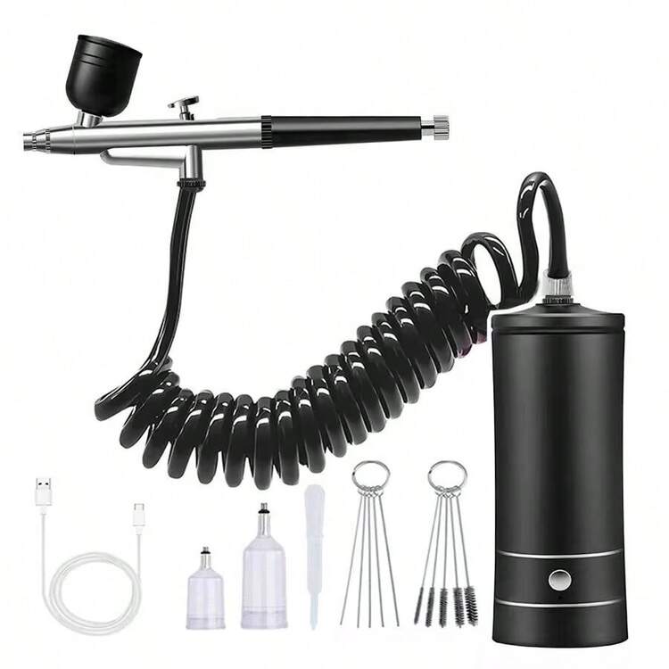 便携式可充电无线喷枪，带压缩机，单动式喷枪，适用于面部美容、美甲、纹身、工艺品制作、蛋糕装饰 - 下腰黑+刷+軟管 - 查看 7