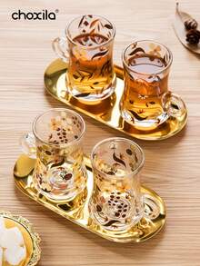 choxila 3件套茶杯碟套装，花叶图案玻璃盘碟套装，咖啡杯，茶杯，水杯，奶茶杯，带把手杯，金色托盘，小吃托盘，甜点托盘，适用于家庭、餐厅、斋月、宰牲节 - Cup - 查看 3