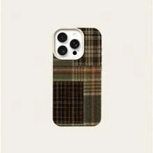 1pc TPU Material Retro Artistic Brown-Green Plaid Pattern Phone Case Compatible With IPhone/, Autumn/Winter