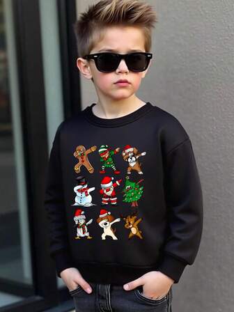 Sudadera casual de cuello redondo con estampado de árbol de Navidad, muñeco de nieve, hombre de jengibre, Papá Noel y reno para niños pequeños