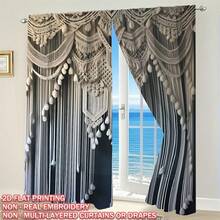 2pcs Boho Macrame Fabric Printed Curtains, Single-Sided Print, Fade-Resistant, Soft, Draping, Thick, Blackout, Machine Washable, Rod Pocket Design, Suitable For Bedroom, Bathroom, Living Room, Closet, Office, Vintage Gift