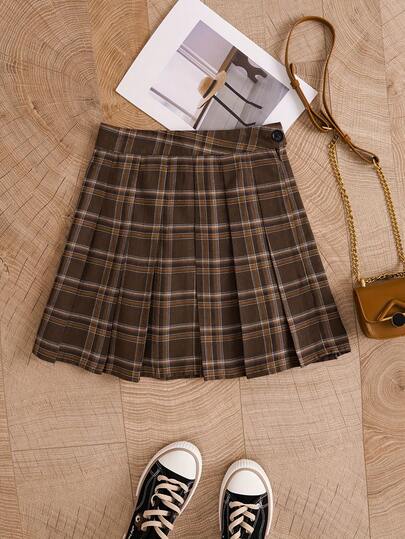 Women's Pleated Casual Plaid A-Line Skirt