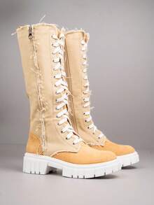 Kniehohe Winterstiefel zum Schnüren mit dicker Laufsohle - Beige - Übersicht 5