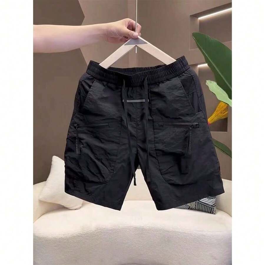 Men's Cargo Shorts With Multiple Pockets, Zipper And Quick-Drying Pants, Thin And Wear-Resistant - 黑色 - 查看 1