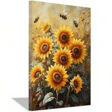 [2D Flat] 1Pc Framed Ready To Hang, Natural Abstract Flowers Painting Canvas Wall Art, Modern Retro Plant Landscape, Sunflowers With Bees Artwork Suitable For Living Room, Bedroom, Office, Dining Room Decoration Painting, Home Decor, Living Room Office Hallway Dorm Wall Decor, Posters And Prints Wall Art Pictures For Apartment Room Decor Aesthetic, Wrapped Framed Canvas Print - Màu vàng - Xem 1