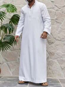 Muslim Men's Solid Color Casual Zip-Up Half-Placket Long Sleeve Hooded Traditional Arabic Robe - White - View 3