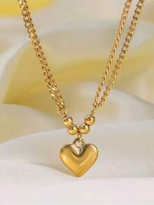 Multi-Layer Gold Heart Pendant Necklace & Bracelet Jewelry Set For Women, Stainless Steel Everyday Wear & Gift - Yellow Gold - View 6