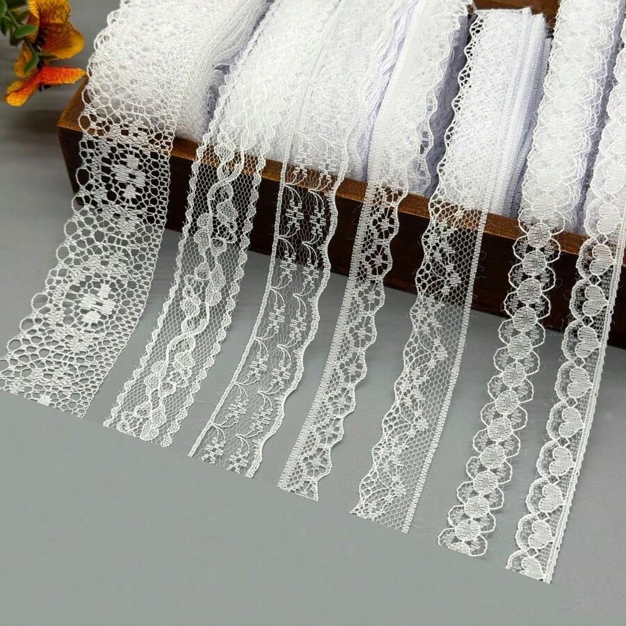 Cuộn ruy băng viền vải ren trắng 7 kiểu 70M, ren thêu thủ công dùng để may vá, đồ thủ công tự làm, trang trí váy cưới và tiệc sinh nhật - Nhiều màu - Xem 1