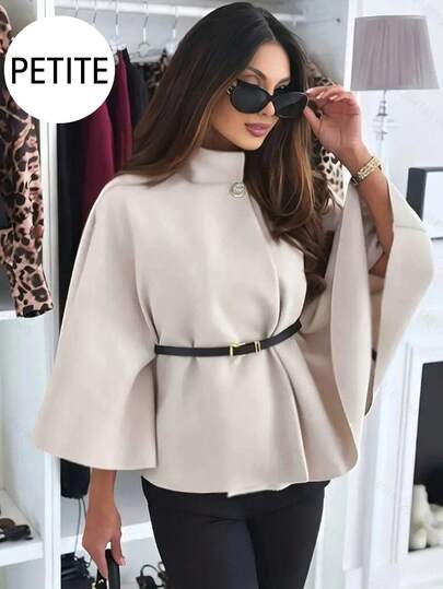 Manteau court ample à col montant et manches courtes avec ceinture, élégant et pour femme petite, hiver