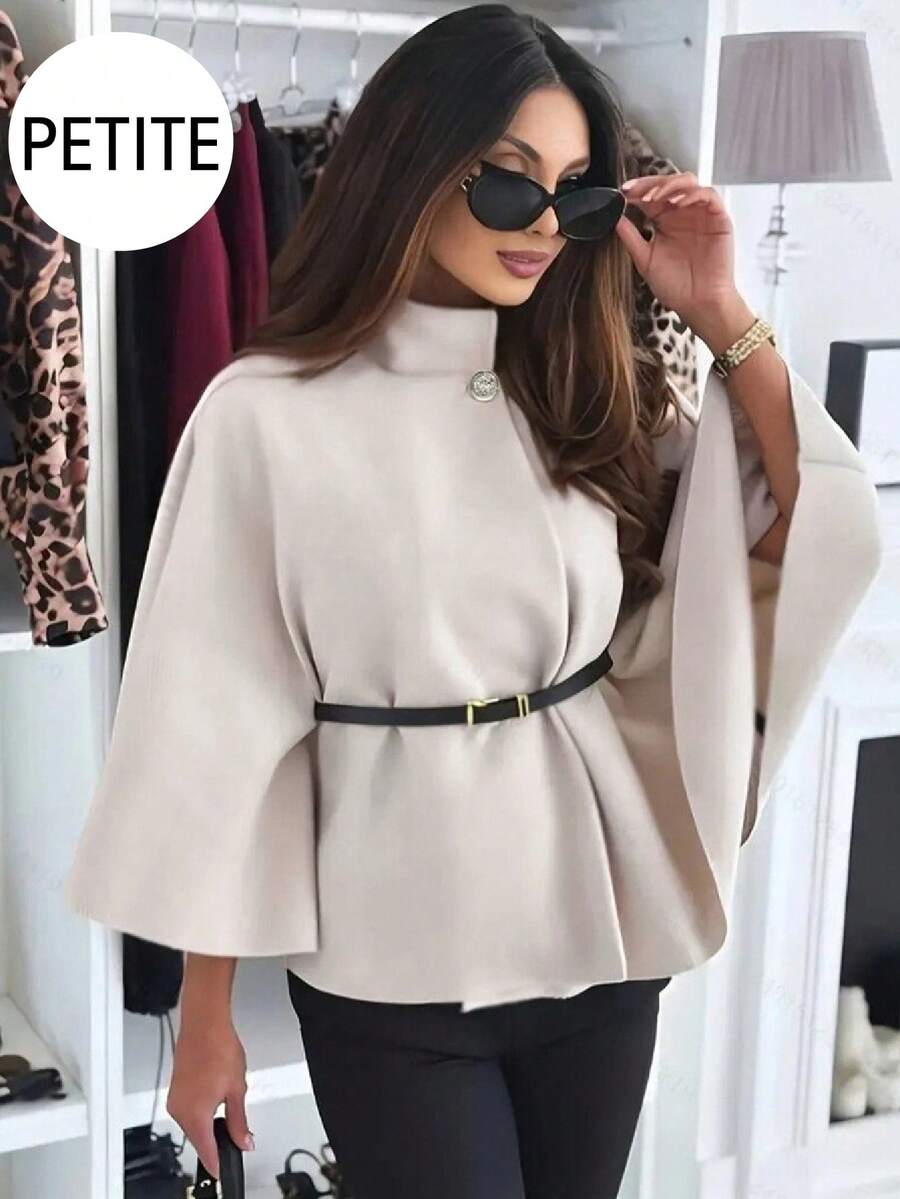 娇小女款时尚优雅短袖立领宽松外套，配腰带，冬季款 - 杏色 - 查看 1