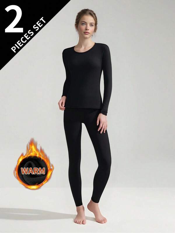 2pcs Women Thermal Underwear Set, Round Neck Top + Pants, Tight Fit Base Layer For Autumn/Winter