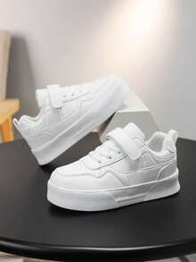 Kids White Thick Sole Sneakers, Hook And Loop Design Easy On/Off Casual Trainers, Suitable For Daily Wear & Outdoor Sports, Boys & Girls