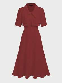 2 件套优雅法式复古硬币印花吊带裙 + 短袖夹克上衣，迷人两件套 - 酒紅色 - 查看 5