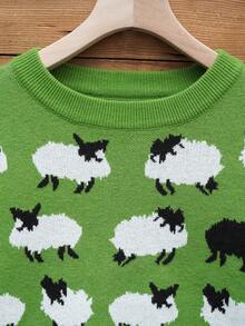 Sheep Pattern Crew Neck Sweater, Casual Long Sleeve Knit Sweater, Women - Green - View 3
