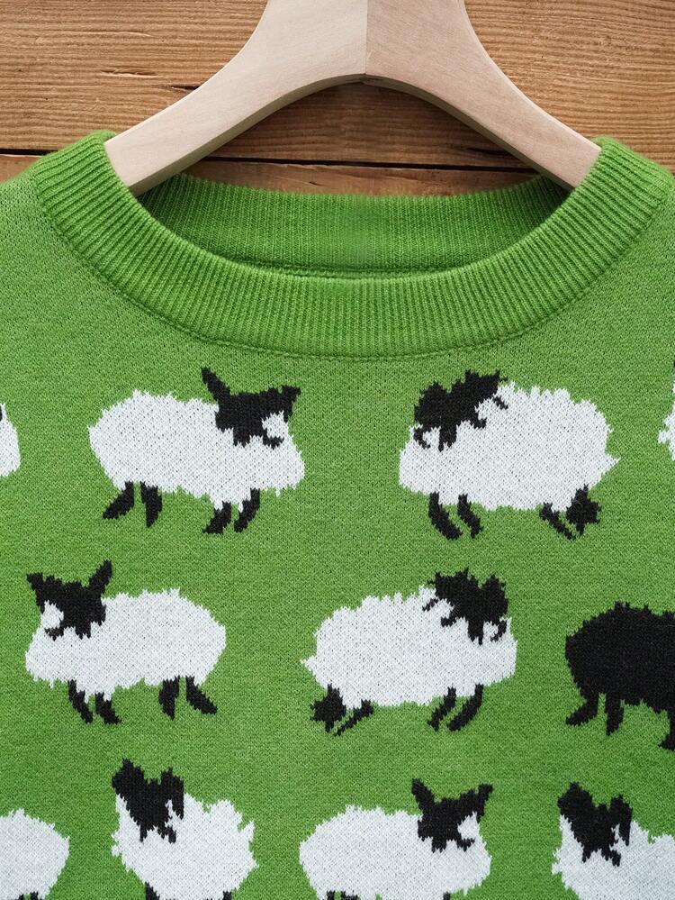 Sheep Pattern Crew Neck Sweater, Casual Long Sleeve Knit Sweater