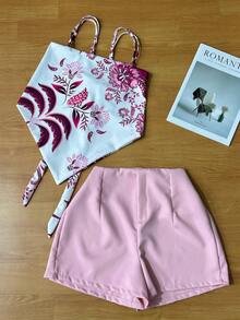 Women's Elegant Sleeveless Blouse With Floral Print And Special Effect, Matching Plain Shorts, Two-Piece Set - Hồng - Xem 1
