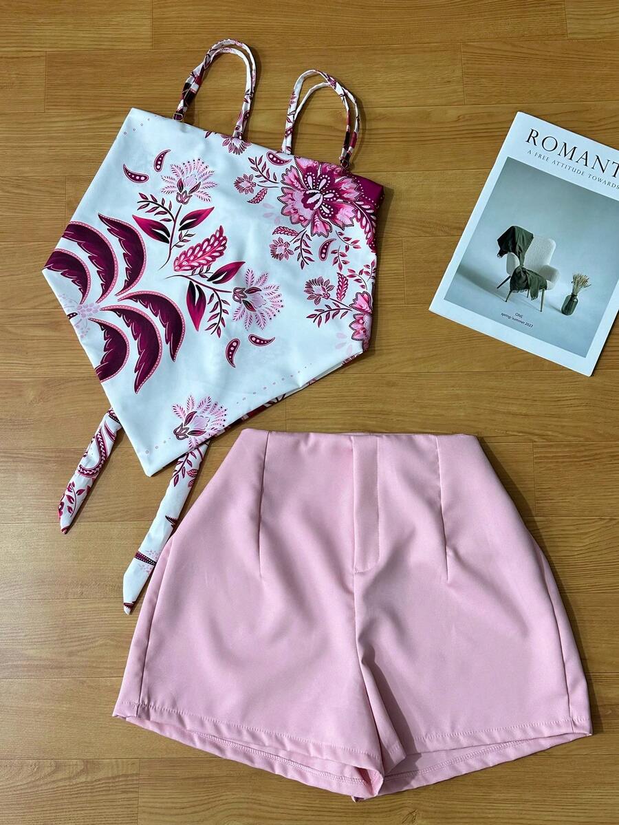 Women's Elegant Sleeveless Blouse With Floral Print And Special Effect, Matching Plain Shorts, Two-Piece Set - Hồng - Xem 1