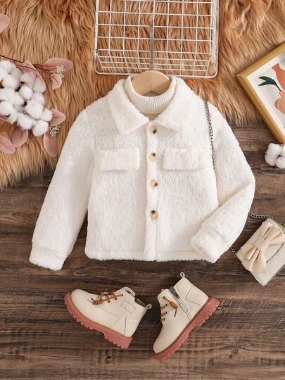 Young Girl Girls Winter Jacket, Children's Back To School Outfit, Pockets Decor, Button Lapel Coat