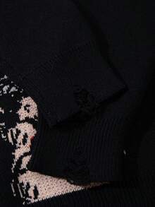 Men's Casual Loose Solid Color Pullover Sweater With Cross And Rose Graphic, Vintage American Gothic Style, Long Sleeve Knitted Top For Autumn And Winter - Black - View 6