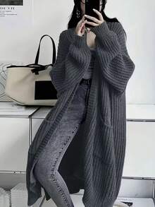 Plus Size Midi Cardigan With Pockets, Long Drop Shoulder Sleeves, Rib Knit Slit Hem, Soft Fabric