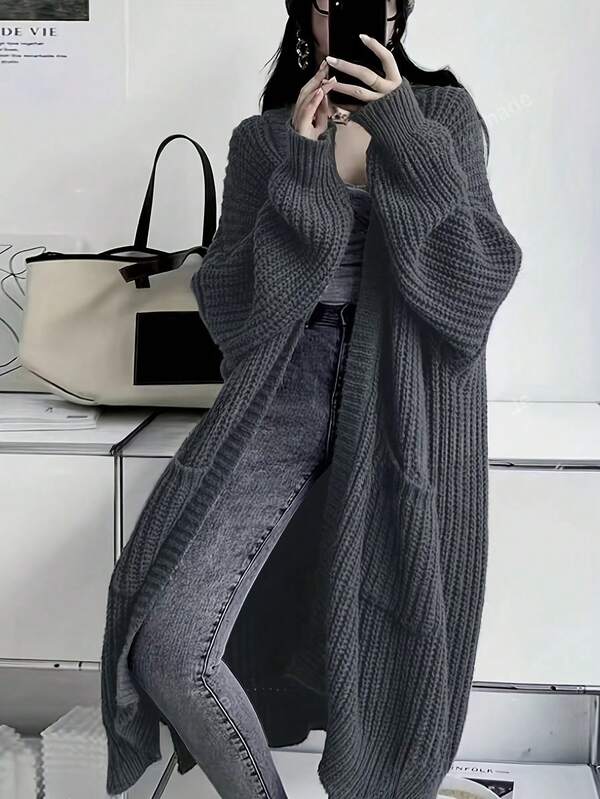 Plus Size Midi Cardigan With Pockets, Long Drop Shoulder Sleeves, Rib Knit Slit Hem, Soft Fabric