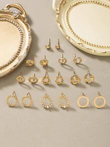 9 对时尚可爱蝴蝶结和仿珍珠金属耳钉套装，适合节日、休闲、度假穿着的多功能礼物 - 金黃色 - 查看 2