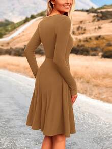 Women's Fall Short Dress Ribbed Knit Crewneck Long Sleeve A Line Flowy Casual Elegant Cute Going Out Dresses - 深卡其 - 查看 2