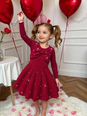 2pcs Young Girl Fashion Striped Beaded Trim V-Neck Sweater Top & A-Line Dress Set, Casual Wear For Daily, Home, Outdoor, Sports, Spring/Autumn