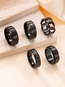 5入組時尚不鏽鋼戒指，簡約黑色羅馬數字戒指，中空旋轉戒指，男士酷炫嘻哈戒指配件