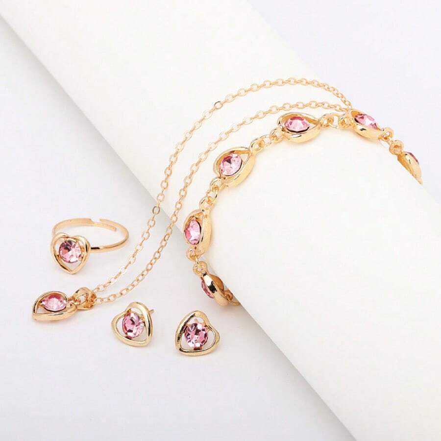 Crystal Heart Jewelry Set, 4-Piece Rose Quartz Necklace Earrings Ring Bracelet, Elegant Valentine's Day Gift For Women, Delicate Adjustable Minimalist Style Collection(Pink Suit)