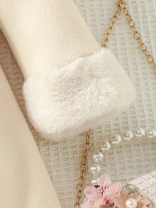 1 pieza Abrigo con cuello de lazo decorado con perlas falsas y puños de peluche para niñas, lindo y elegante, adecuado para otoño/invierno