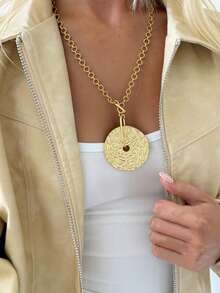 1 Pc Bohemian-Style Fashionable Statement Necklace With Multi-Layered Rings Textured Circular Metal Chain, Suitable For Women's Daily Wear And As Halloween Christmas Gifts