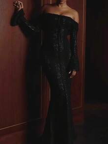 Off Shoulder Flared Long Sleeve Long Gowns Dresses - 黑色 - 查看 5