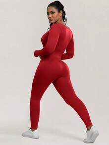 Yefecy Elegant Casual Waistline Solid Color Long Jumpsuit With Tight Fit, Square Neckline, And Plus Size For Women - 紅色 - 查看 3