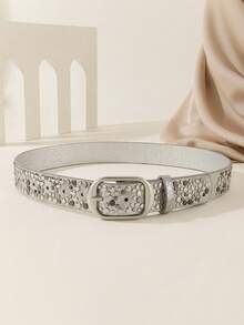 1 Stück Damen Punk Stil Bling Strass Nieten asymmetrische Schnalle Metall PU Gürtel, geeignet für Party, Reise, modischen Sommer, Schule Herbst, Herbst, Halloween