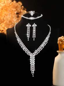 5pcs Luxury Zirconia Leaf Tassel Design Necklace, Earrings, Bracelet, Ring Jewelry Set, Elegant Fashion Accessories Suitable For Wedding, Party, Daily Commute
