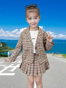 New Girls' Suit Set, Plaid Blazer Jacket & Pleated Skirt 2 Pieces Outfit, JK Style School Uniform For Tween Girl - Khaki - View 3