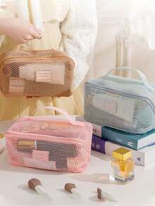 1pc Nylon Mesh Cosmetic Bag, Travel Cosmetic Storage Bag, Breathable Toiletries Storage Bag, Macaron Color Storage Bag, Stationery Storage Bag, Large-Capacity Travel Cosmetic Bag, Convenient Handbag, Suitable For Storing Toiletries, Electronic Data Cables, Makeup Brushes And Tools, Multi-Functional Storage Bag, Home Storage Necessities, Vacation Travel Necessities, Dormitory Necessities.