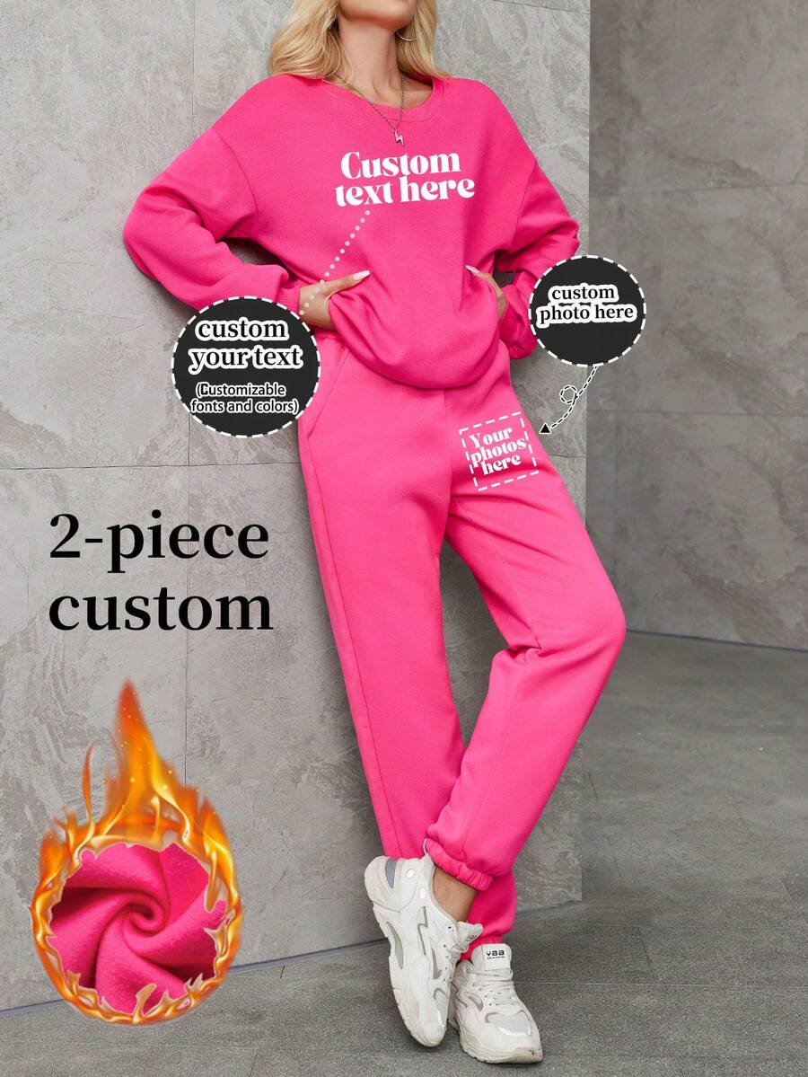 Customized Women Letter Graphic Drop Shoulder Sweatshirt & Sweatpants - Hot Pink - View 1