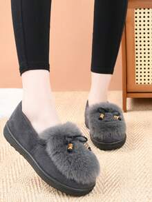 New Women Fashion Personalized Fluffy Warm Minimalist Solid Color Indoor Outdoor Travel Vacation Home Slippers, Thick Plush Slip-On Cozy Soft Bottom Casual Outdoor Wear Shoes For Winter - Grey - View 7