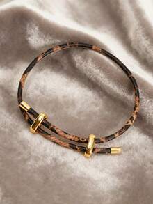 1pc Leopard Print Metal Buckle PU Single Circle Adjustable Bracelet For Women, DIY Basic Wristband