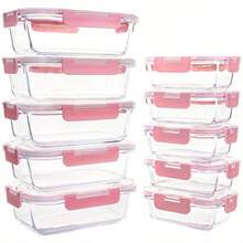 10-Pcs High Borosilicate Glass Food Storage Set (5x38oz+5x14oz) - Pink. Airtight, Leakproof. Oven, Microwave, Dishwasher & Freezer . Ideal For Meal Prep & Entertaining - 西瓜粉 - 查看 9