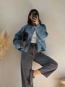 女士常规款仿麂皮长袖单排扣宽松休闲外套，适合春季穿着；女士口袋金属纽扣短款军绿色外套，适合春秋季穿着。 - 藍色 - 查看 6