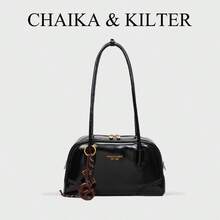 1 Peça Bolsa de Ombro em Tecido PU Brilhante de Cor Sólida CHAIKA & KILTER, Bolsa de Boliche de Grande Capacidade e Moda Feminina, Design de Alça Dupla com Fechamento de Zíper, Adequada para Uso Diário e Externo (Vendida com Pingente)