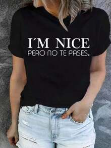 Camiseta de manga corta para damas con estampado de patrones, top de cuello redondo suelto y casual, se puede lavar aáquina para comodidad durante las cuatro estaciones. - Negro - Ver 1