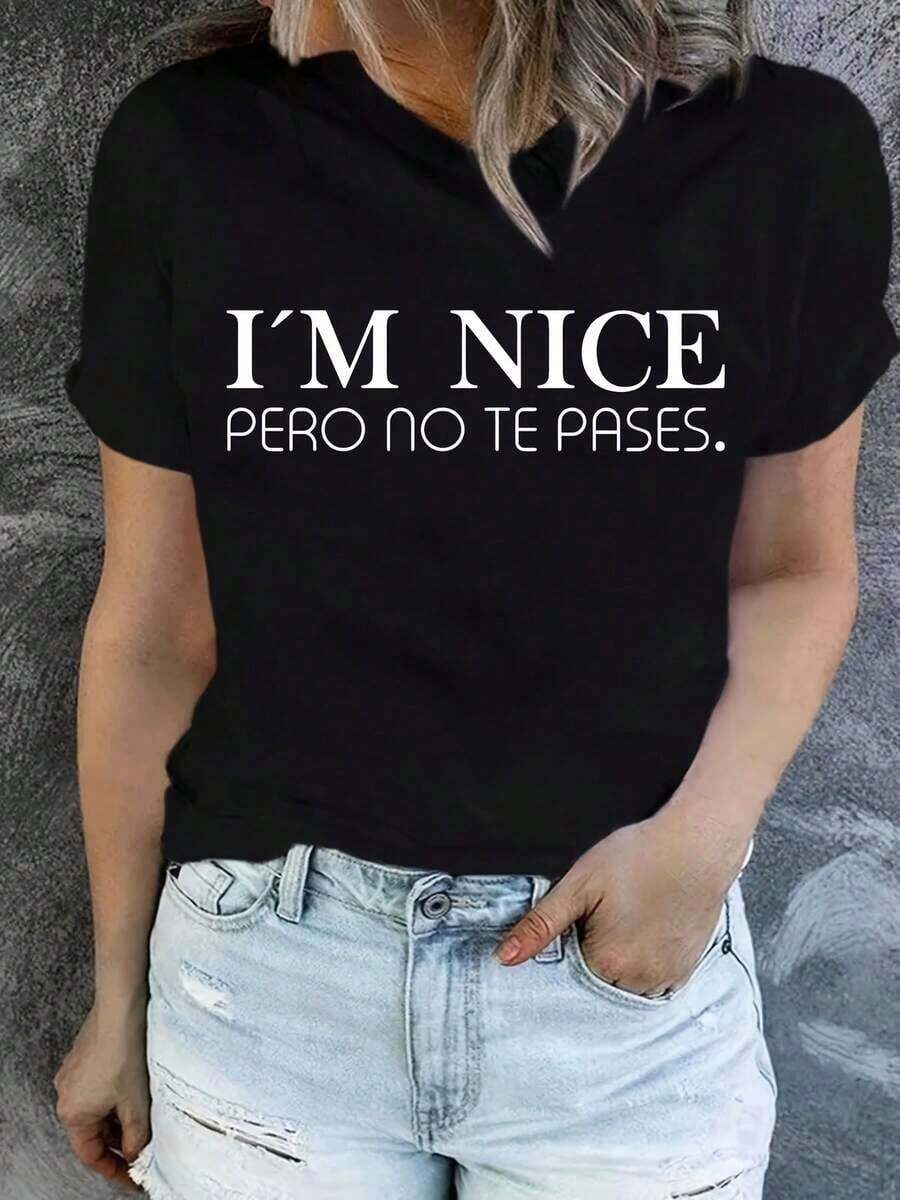Camiseta de manga corta para damas con estampado de patrones, top de cuello redondo suelto y casual, se puede lavar aáquina para comodidad durante las cuatro estaciones. - Negro - Ver 1