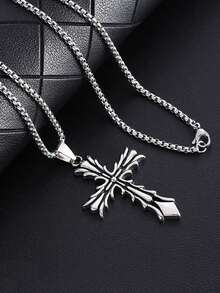 1pc European & American Style Thorny Cross Necklace, Personalized Punk Cross Pendant Long Necklace Accessory