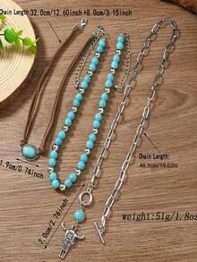 3pcs/Set Fashionable Geometric Bull Head Pendant Necklace, Suitable For Women In Any Occasion - Turquoise + Bull Head - View 4