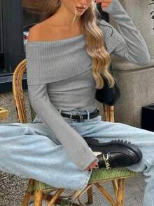 Elegant Solid Color Off-Shoulder Long Sleeve Slim Fit Sweater Going Out Party Dating Casual Cozy Fashion Glamorous Tops Fall Clothes For Women