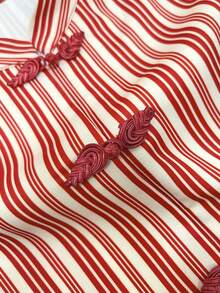 新款优雅条纹中式琵琶扣红白条纹长袖衬衫，适合感恩节、圣诞节、新年、节日、度假、日常穿着，春季皆宜。 - 紅杏 - 查看 5